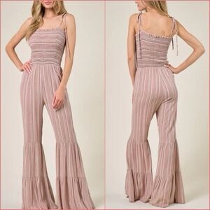 Retro Style Striped Tiered Flare Leg Jumpsuit Women's Sz M 70's Hippie Bohemian